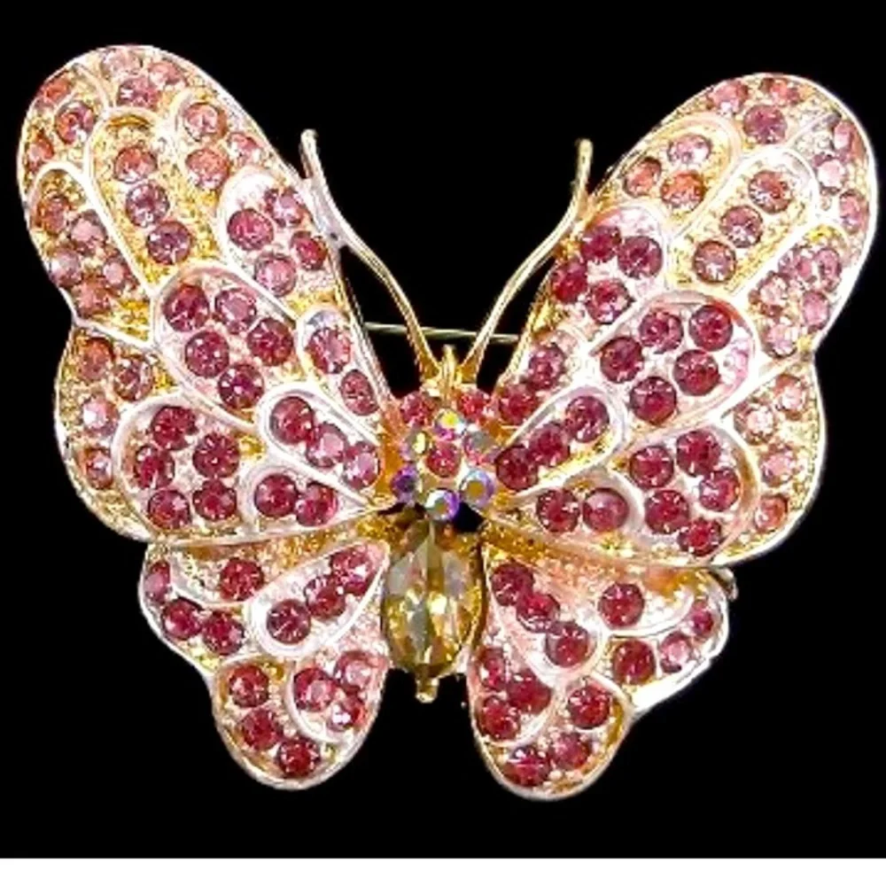 Enameled Rhinestone Pink Butterfly Brooch‎